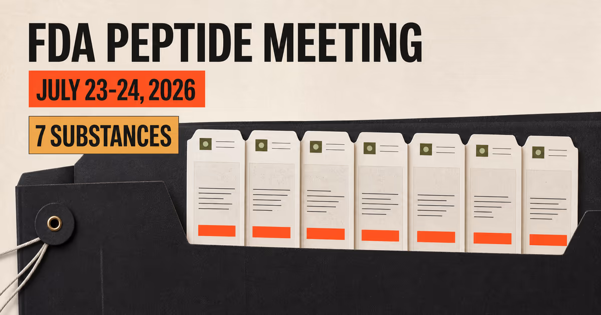 Editorial dossier representing the seven substances in the July 2026 FDA peptide compounding meeting