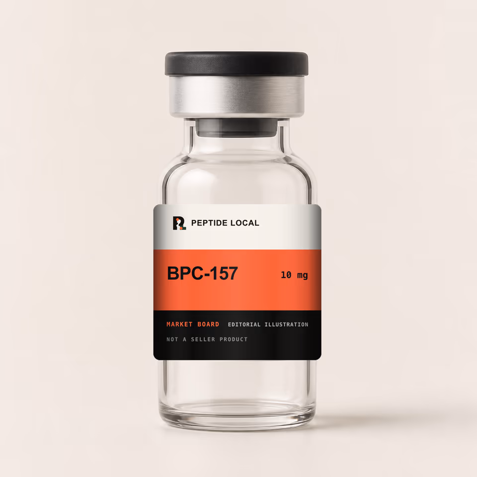 Peptide Local editorial vial illustration for the BPC-157 10 mg research price board. Not a seller product.