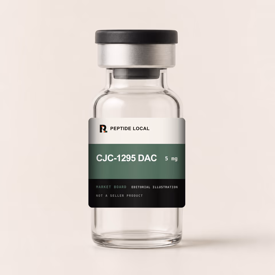 Peptide Local editorial vial illustration for the CJC-1295 DAC 5 mg research price board. Not a seller product.