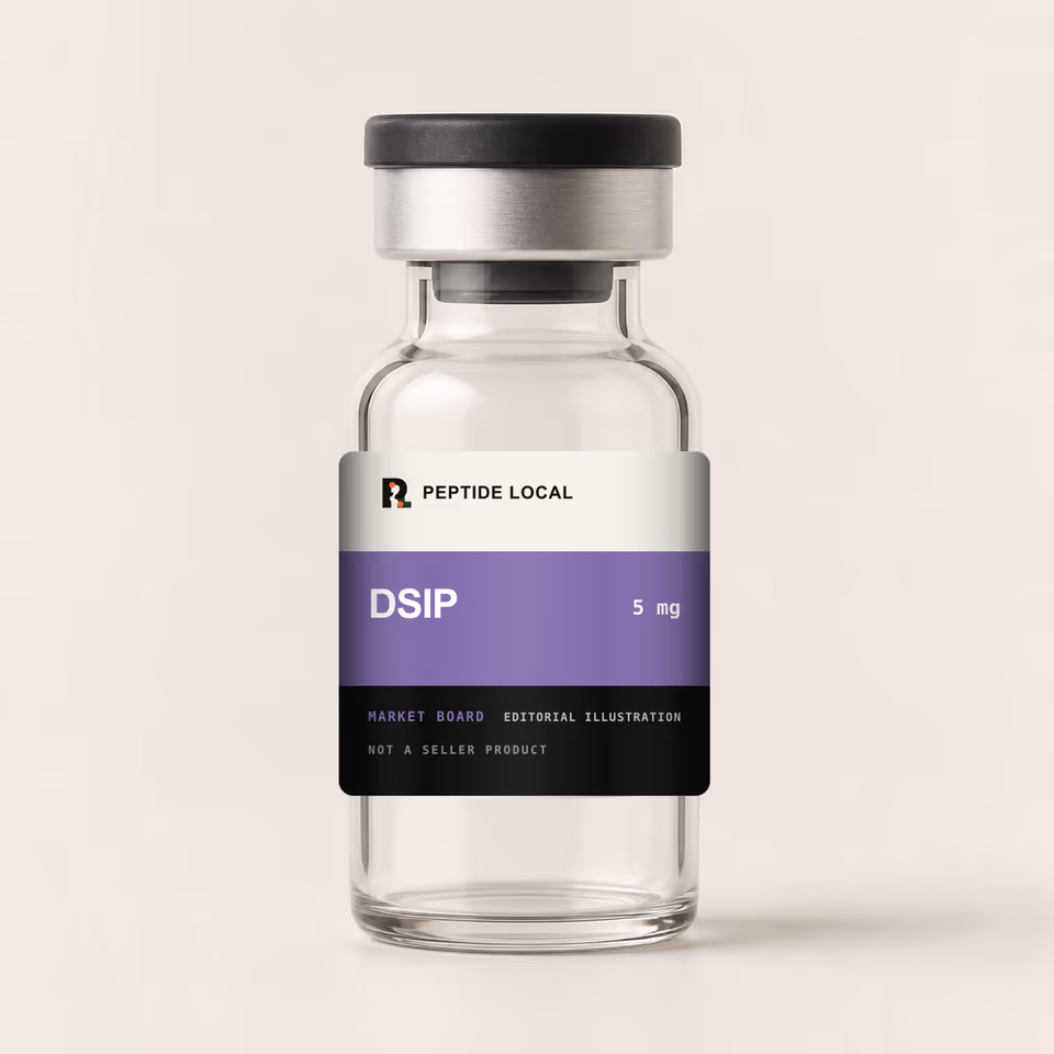 Peptide Local editorial vial illustration for the DSIP 5 mg research price board. Not a seller product.