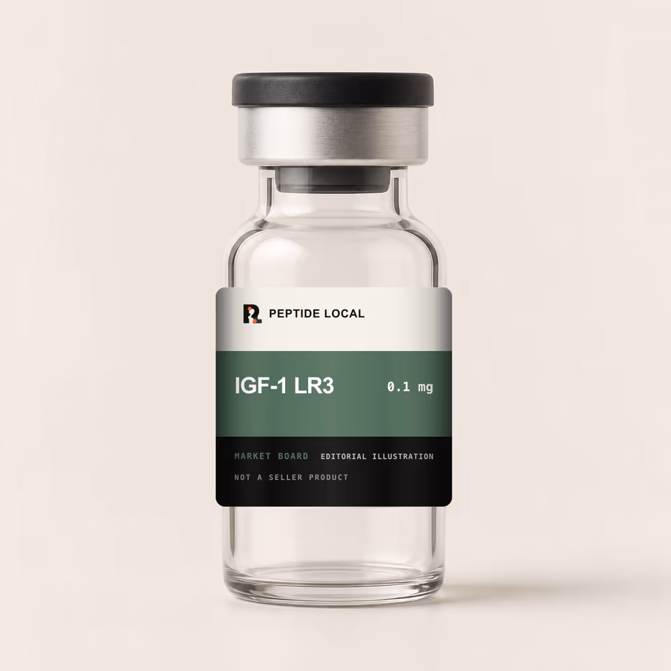 Peptide Local editorial vial illustration for the IGF-1 LR3 0.1 mg research price board. Not a seller product.