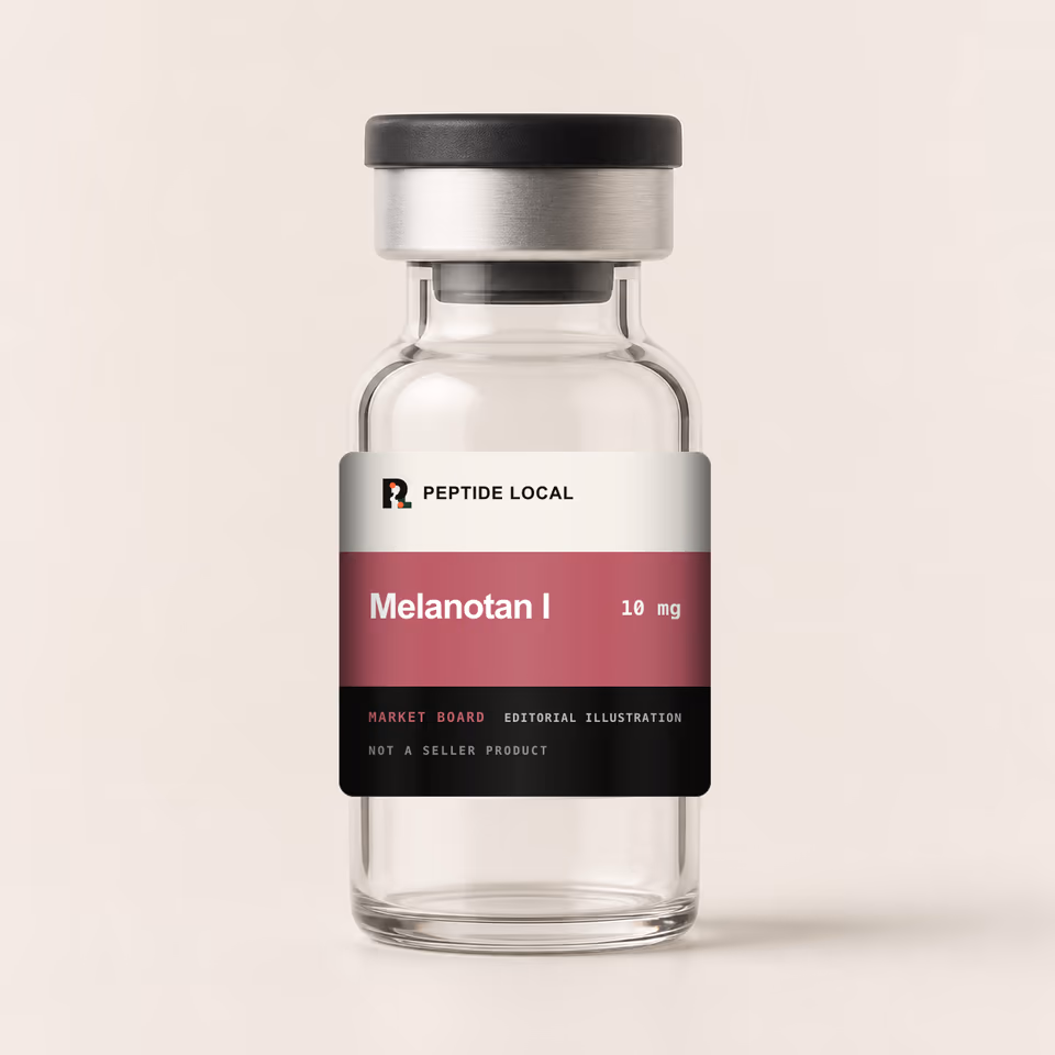 Peptide Local editorial vial illustration for the Melanotan I 10 mg research price board. Not a seller product.