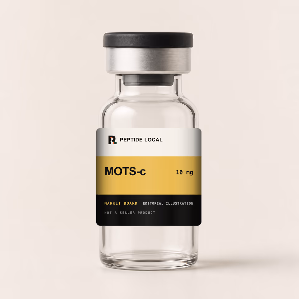 Peptide Local editorial vial illustration for the MOTS-c 10 mg research price board. Not a seller product.