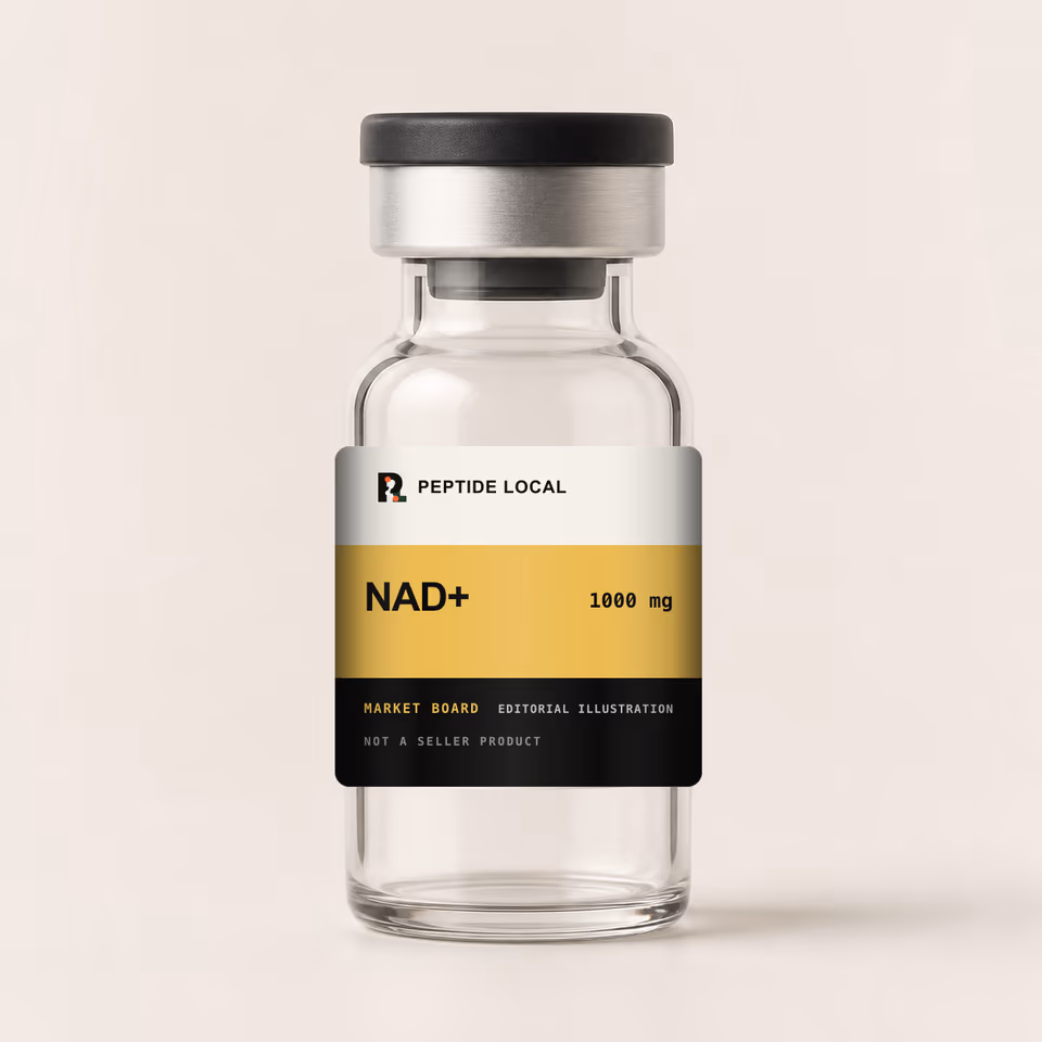 Peptide Local editorial vial illustration for the NAD+ 1000 mg research price board. Not a seller product.