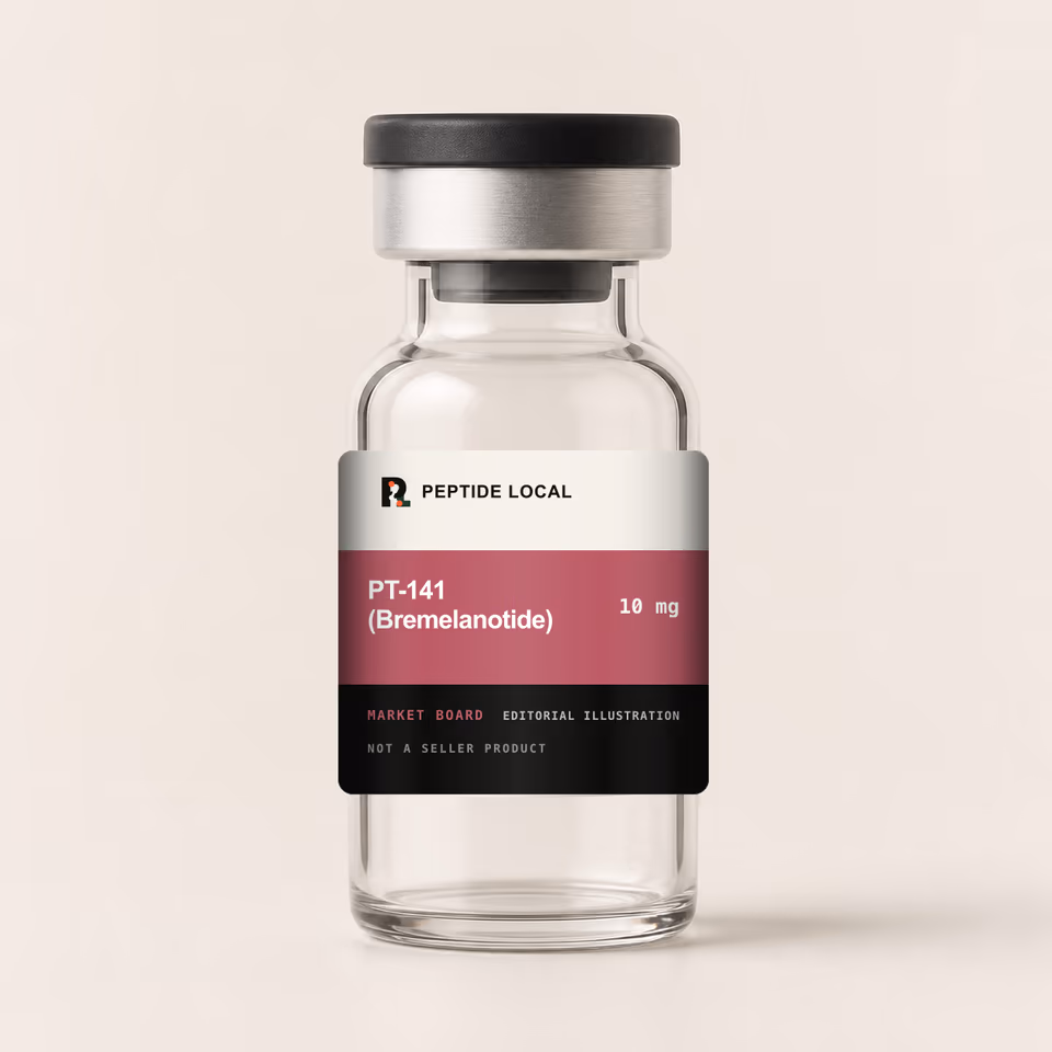 Peptide Local editorial vial illustration for the PT-141 (Bremelanotide) 10 mg research price board. Not a seller product.