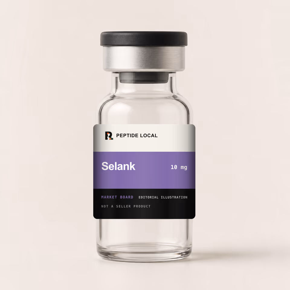 Peptide Local editorial vial illustration for the Selank 10 mg research price board. Not a seller product.