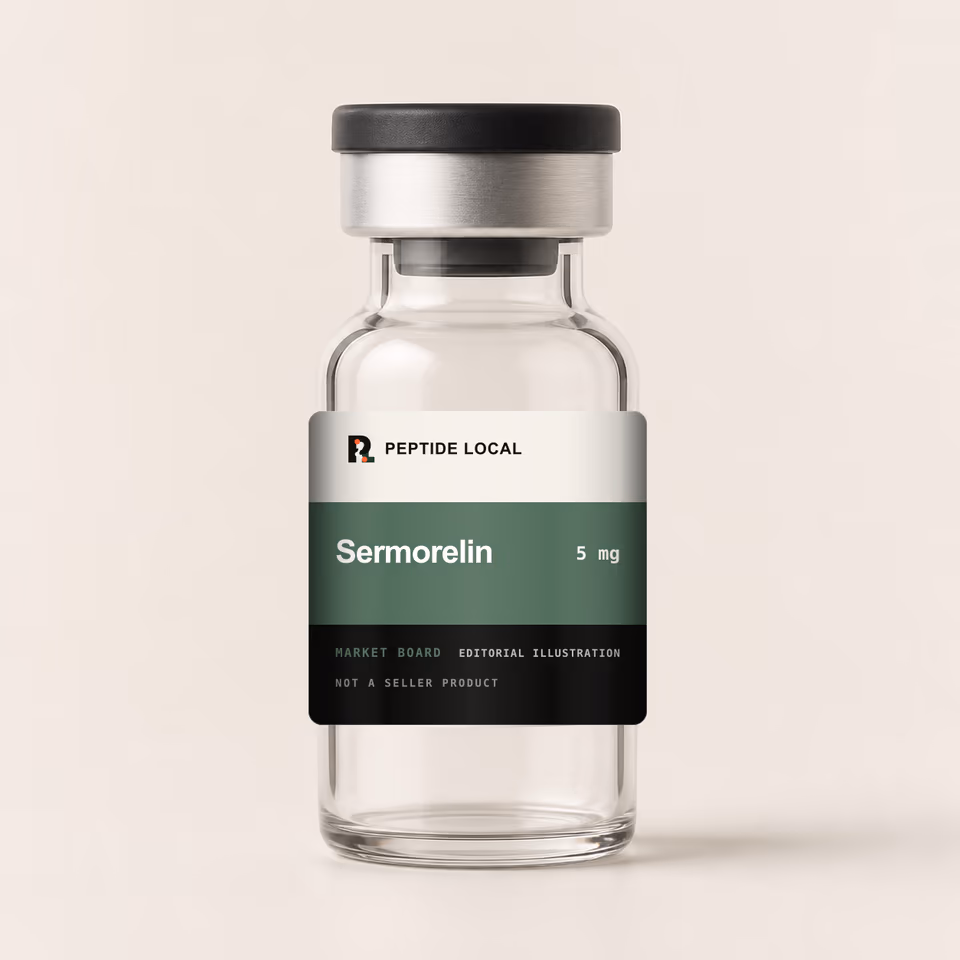 Peptide Local editorial vial illustration for the Sermorelin 5 mg research price board. Not a seller product.