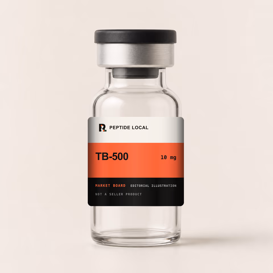Peptide Local editorial vial illustration for the TB-500 10 mg research price board. Not a seller product.